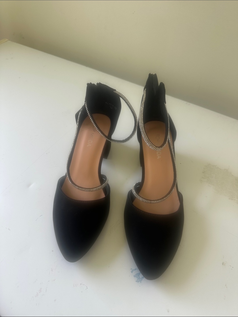 TOP Moda Black Pointed Toe Ankle-Strap Pumps with Rhinestone Trim